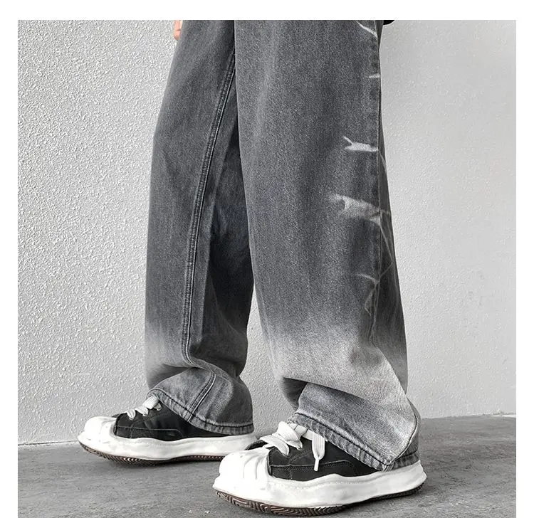 Gradient Jeans Fashion Retro Casual Wide Leg Jeans Men Streetwear Loose HipHop Straight Denim Pants Mens Women Trousers