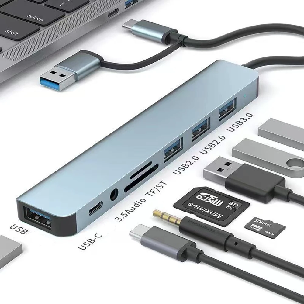 USB C Hub USB Splitter 8 in 2 Extender with 4 Port 1 USBC Port TF/SD Card Reader Audio Output Compatible with