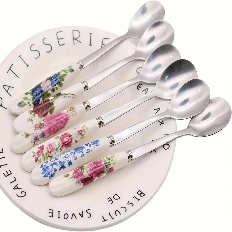 Stainless Steel Coffee Spoons With Ceramic Handles 6pcs Perfect For Mixing Sugar Ice Cream Kitchen & Dining Accessories stainless steel spoon stainless steel spoon set