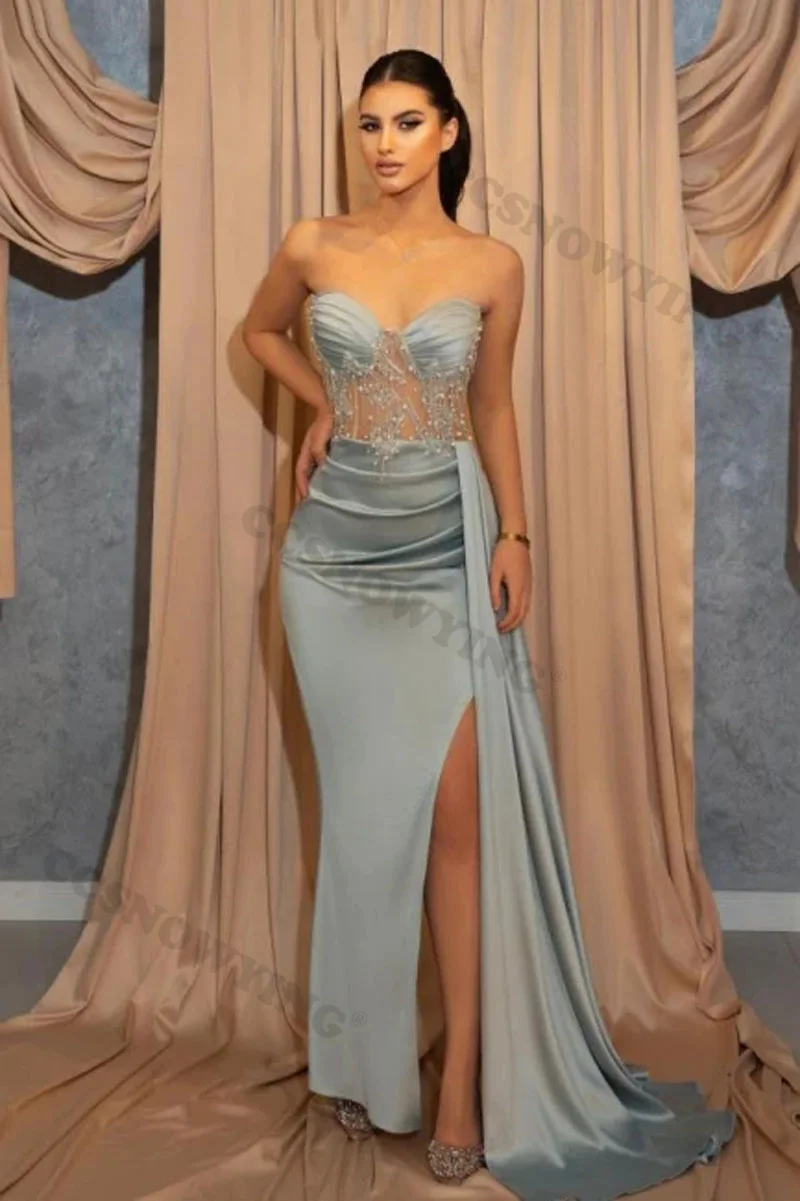 

Sexy Mermaid Strapless Prom Dresses Satin Appliques High Slit Formal Evening Party Dress Robe De Soiree