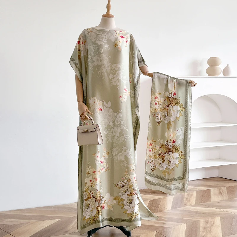 New 2025 Dubai Abaya For Women Summer Short Sleeve Cotton Dress Gold Stamping Loose Lady Maxi Islam African Dress With Big Scarf