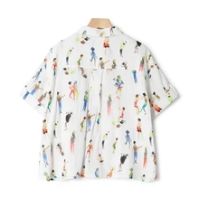  Short Sleeve Cotton Women Shirt Dancing Man Print Turn-down Collar Single Breasted Top 2022 Spring Summer Blouse 
