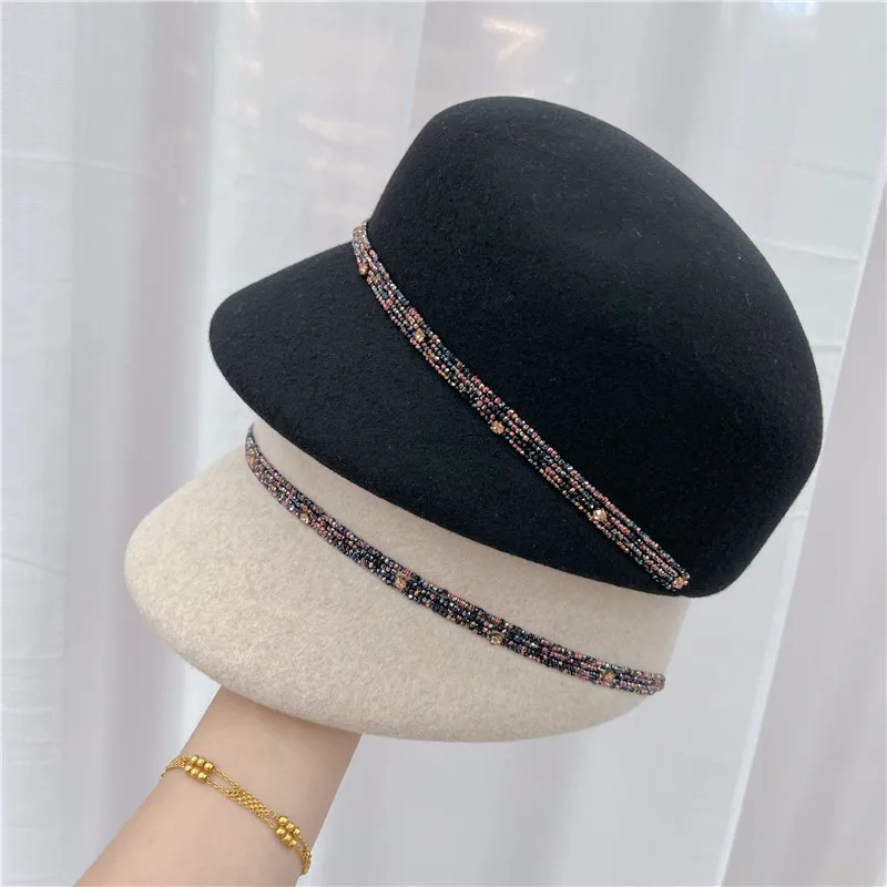 

202209-dudu-chen French dropshipping Shiny rhinestone bead small brim wool felt lady Octagonal hat women visors cap