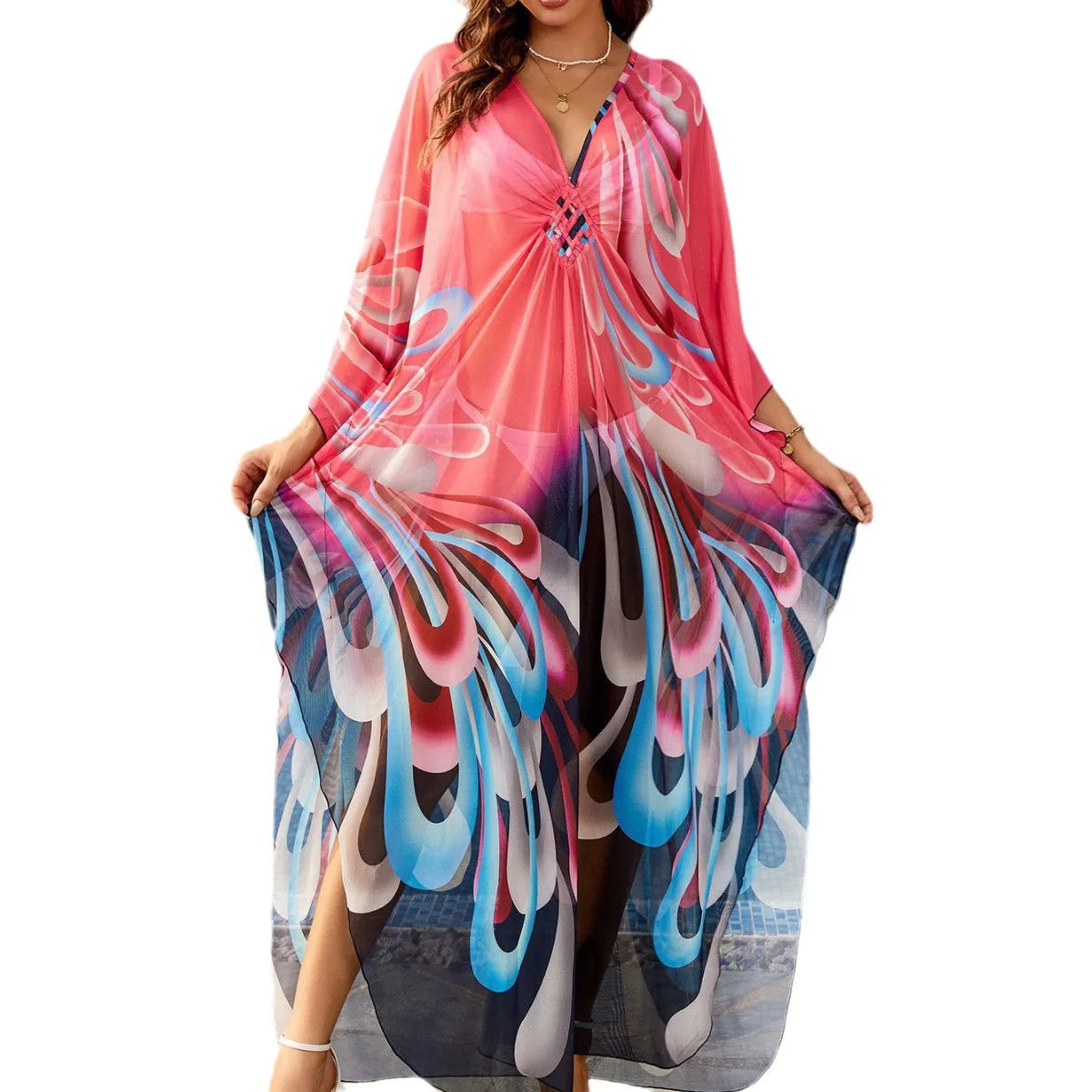 Sexy See Through V Neck Boho Print Beach Dresses Tunic Bikini Cover-ups Women Clothes Summer Beach Wear Swimsuit Cover Up