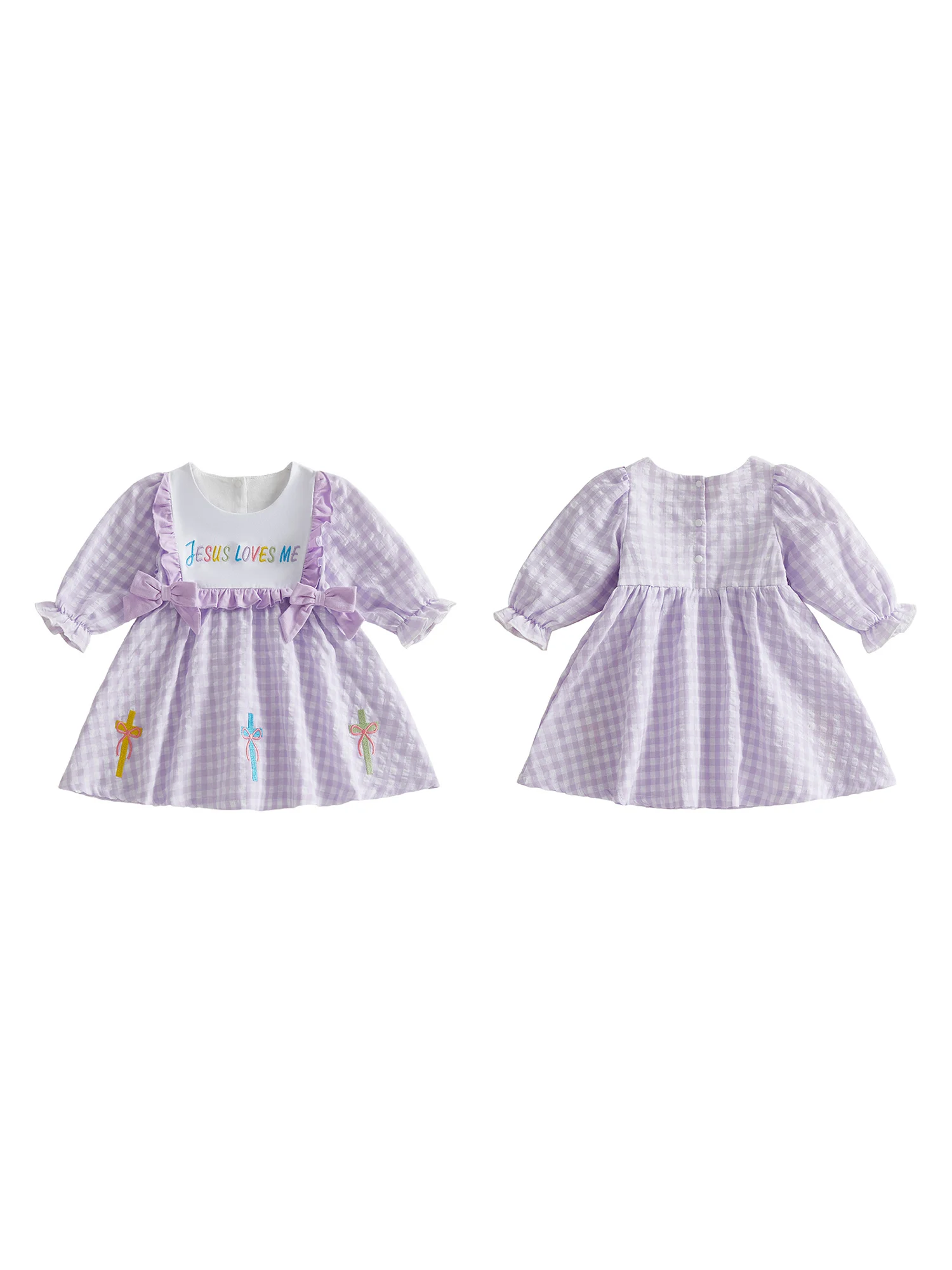 Girls Plaid Dress with Puff Sleeves Crew Neck Embroidered Letters Bow Detail and A-Line Silhouette for Spring