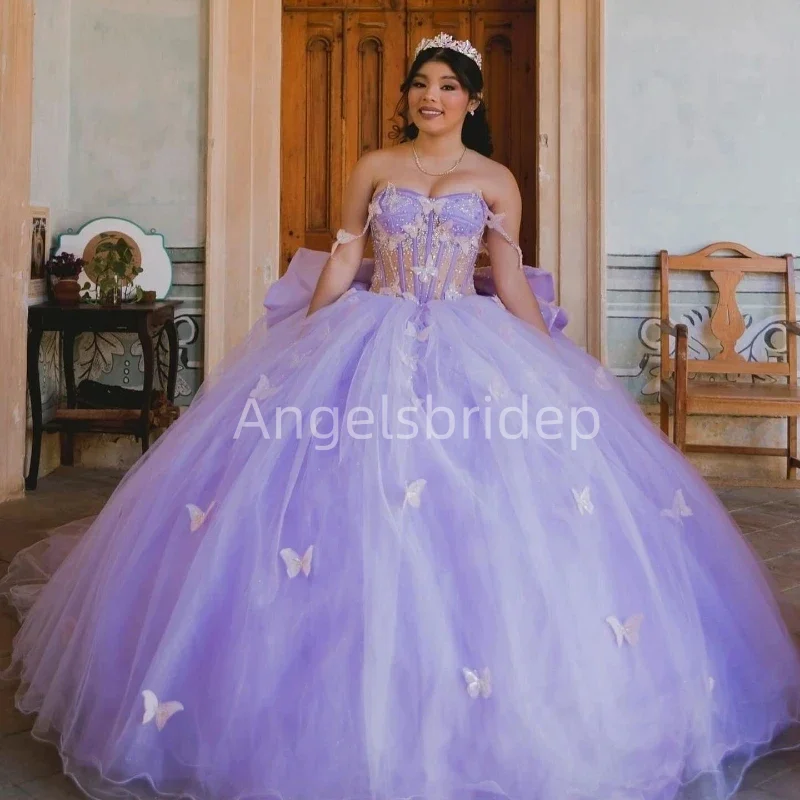 Angelsbridep Big Bow Lilac Ball Gown Quinceanera Dresses Butterfly Spaghetti Straps Vestidos De 15 A&ntilde;os Quincea&ntilde;eras