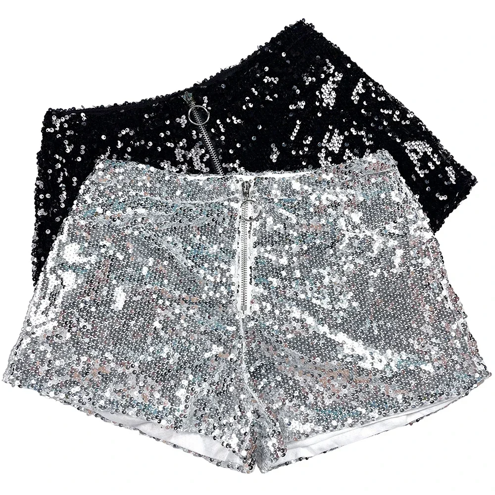 Sexy Bling Women Sequin Shorts O-Ring Zip Bodycon Shorts Sexy Club Wear Pole Dance Hot Pant Ladies Fashion Sequins Short Pants