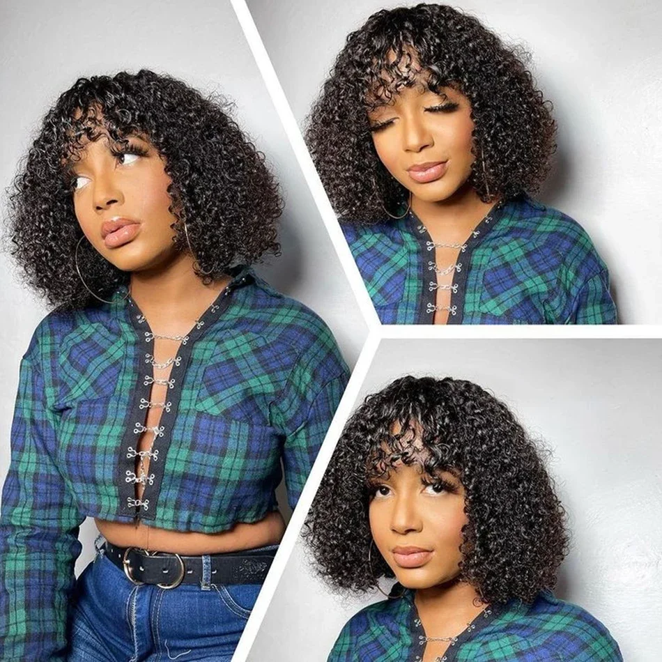 

Indian Short Jerry Curly Human Hair Wigs Human Hair Bob Curly Wig With Bangs Natural Color Machine Made For Black Women