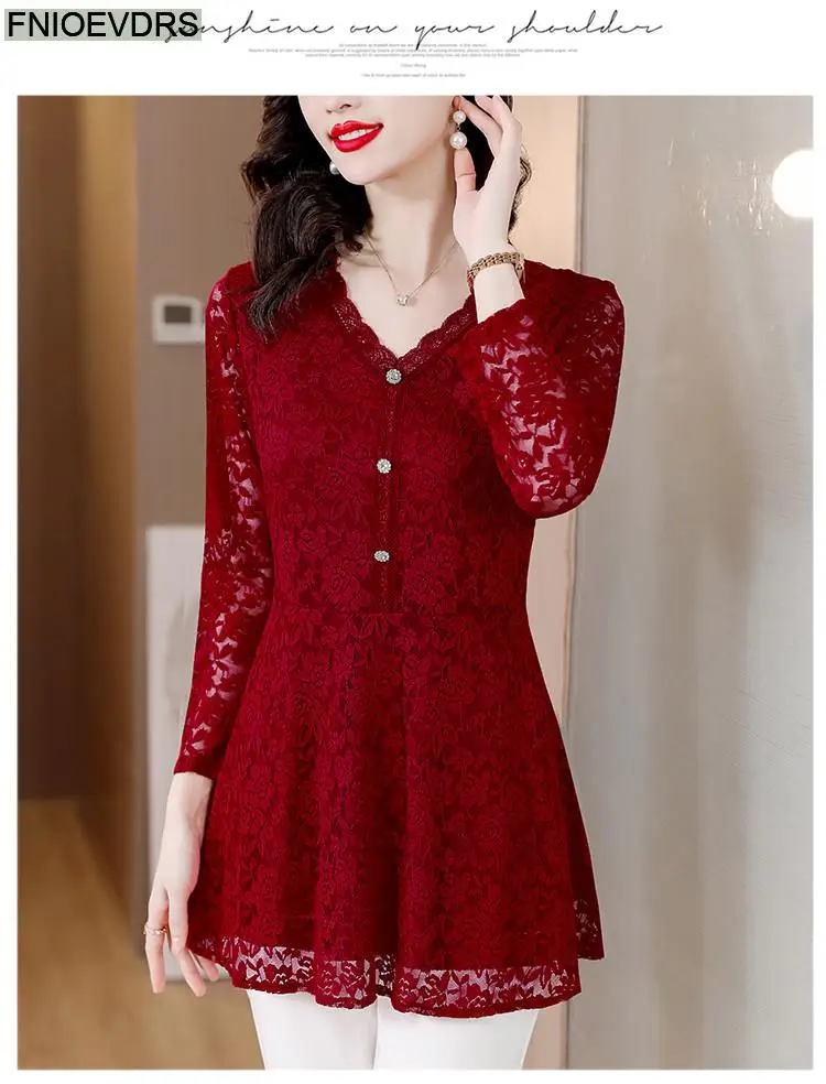 M-4XL 2023 Women Hot Sales Elegant Office Lady Work Button Black Lace Shirt Casual Belly A Line Tunic Peplum Tops And Blouses