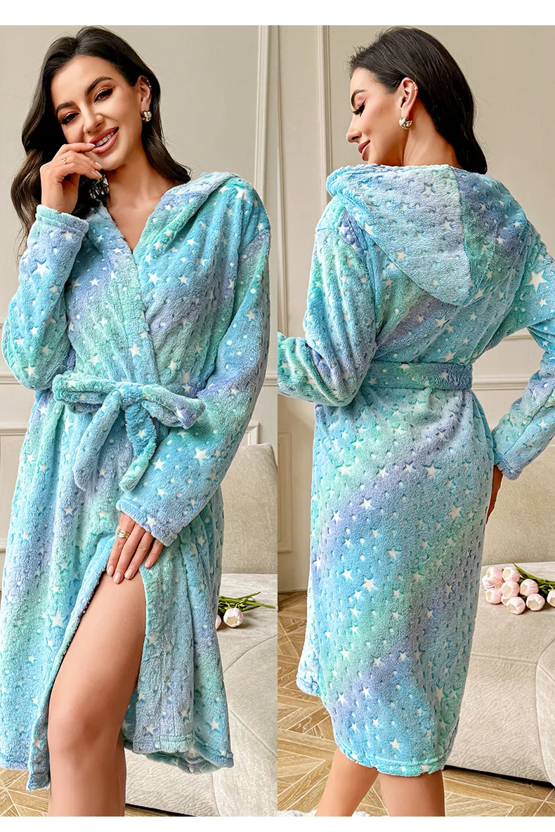 Women’s Winter Plush Velour Robe – Luxury Mid‑Calf Corduroy‑Style Nightwear Long‑Sleeved Tie‑Waist Warm Homewear