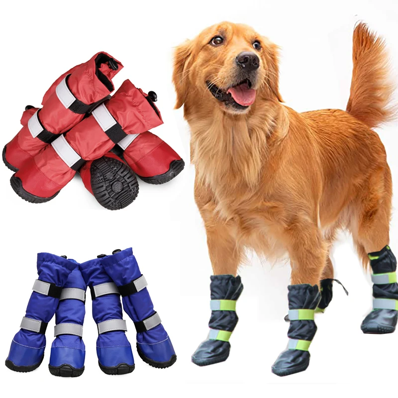 4 Pcs/Set Large Dog Shoes Waterproof Outdoor Winter Boots for Dog Booties Warm Long Non Slip Rain Shoes with Reflective Straps