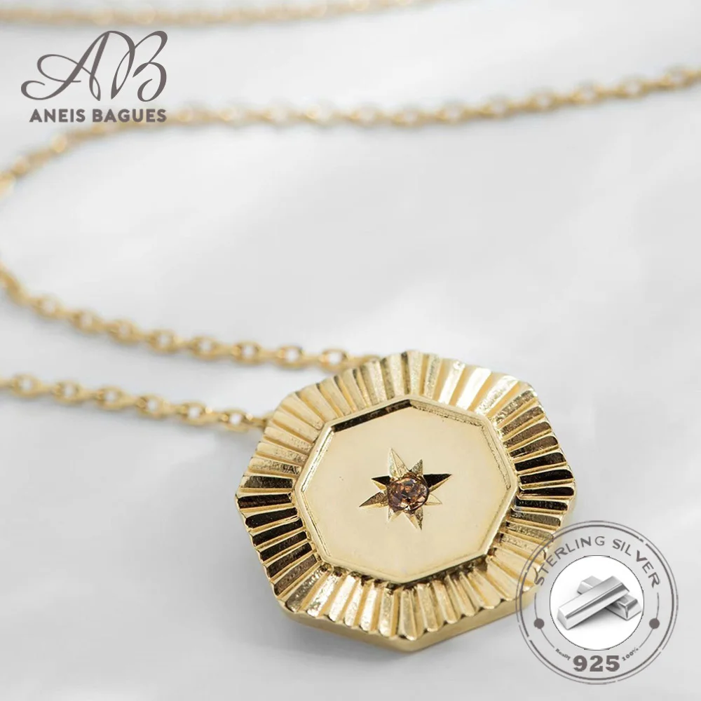 

Aneis Bagues 925 Sterling Silver Gold Plated Light Luxury Octagonal Shield With Zircon Pendant Necklace For Women Fine Jewelry