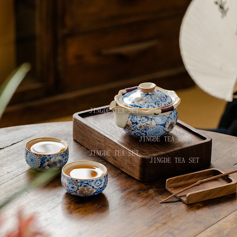 Ceramic Flowers Ru Kiln Handmade Pot Home Tea Tasting Cup High end Kung Fu Tea Set
