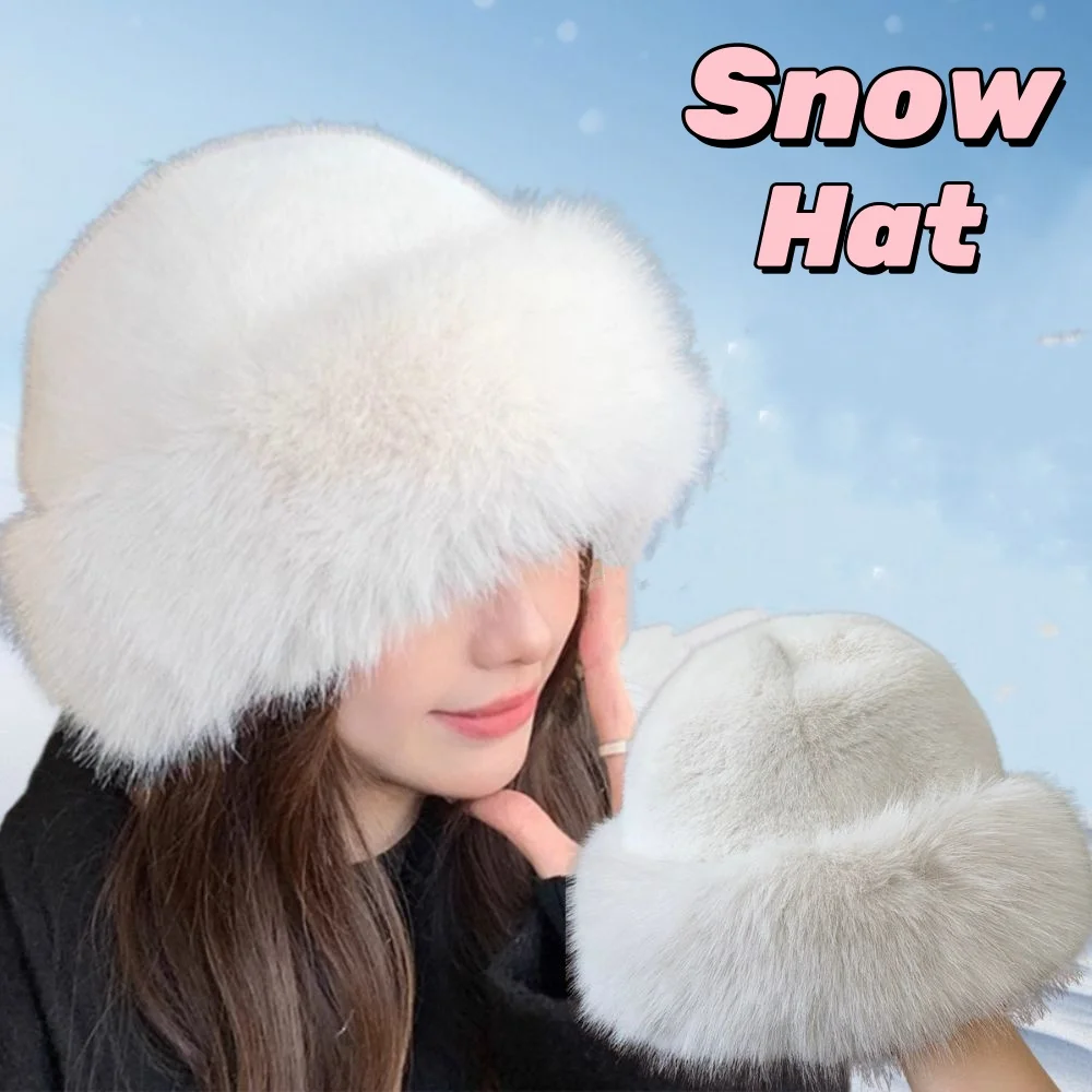Women Bucket Hat Fashion Fluffy Fur Winter Warm Fisherman Hat Cold Snowy Day Panama Cap Ear Protection