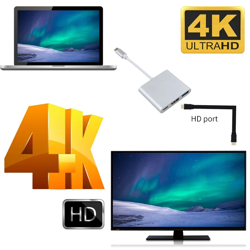3 IN 1 USB C HUB TYPE-C to HDMI Adapter TYPE C Extension Cable USB 3.0 Converter HDMI-compatible Adapter for PC Laptop Macbook