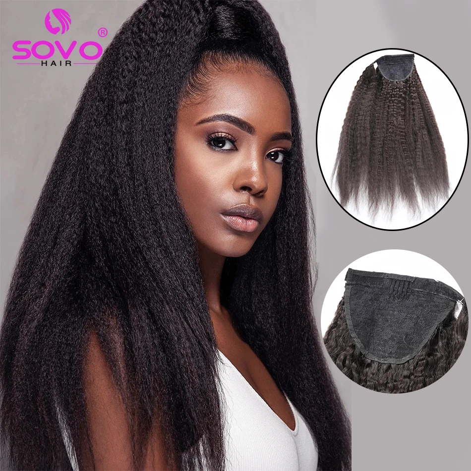 

160G Kinky Straight Human Hair Ponytail Extensions Wrap Around Ponytail Remy Peruvian Yaki Straight Clip in Hairpiece for Women