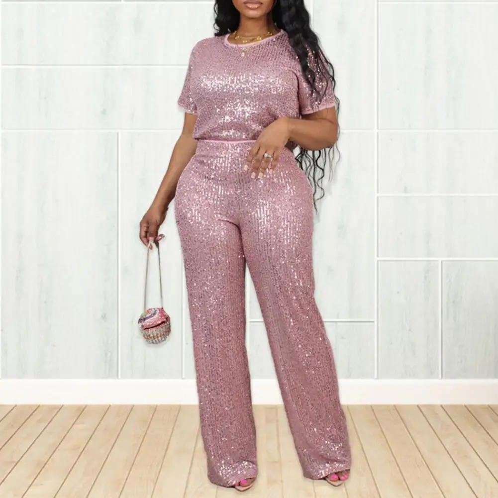 

Autumn Casual Sequin Two Piece Set for Womeb Fashion Solid Short Sleeved Tshirt Wide Leg Pants Sequin Two Piece Set Women