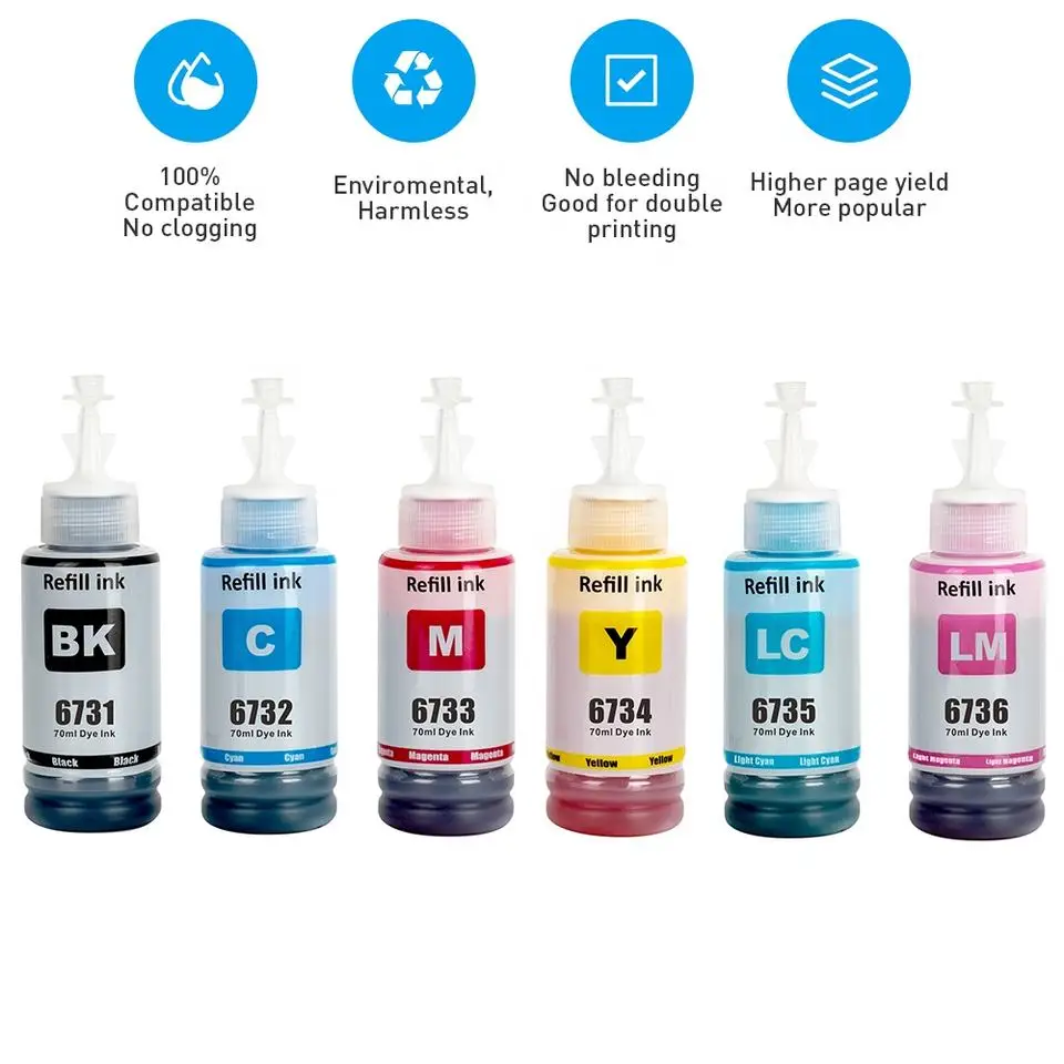 673 T673 T6731 Compatible Color Bulk Water Based Bottle Refill Dye Ink For Epson L805 L850 L810 L800 L1800 Printer