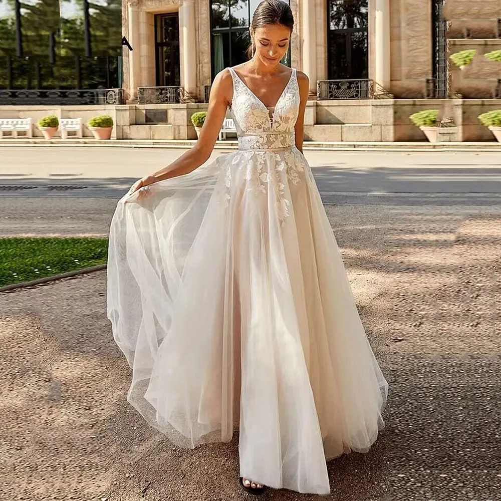 

Msikoods Boho Sleeveless A Line Wedding Dress For Women 2023 Sleeveless 3D Lace Appliques Wedding Party Bridal Gown