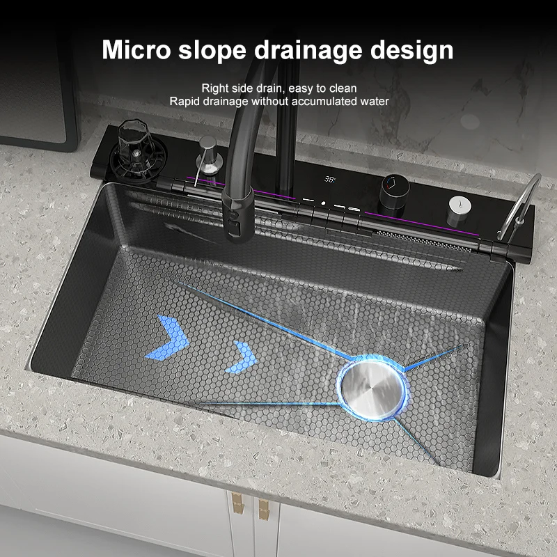 80CM Multifunctional Kitchen Sink Stainless Steel Waterfall Faucet Smart Temperature Panel Piano Button Sink For Hotel Kitchen
