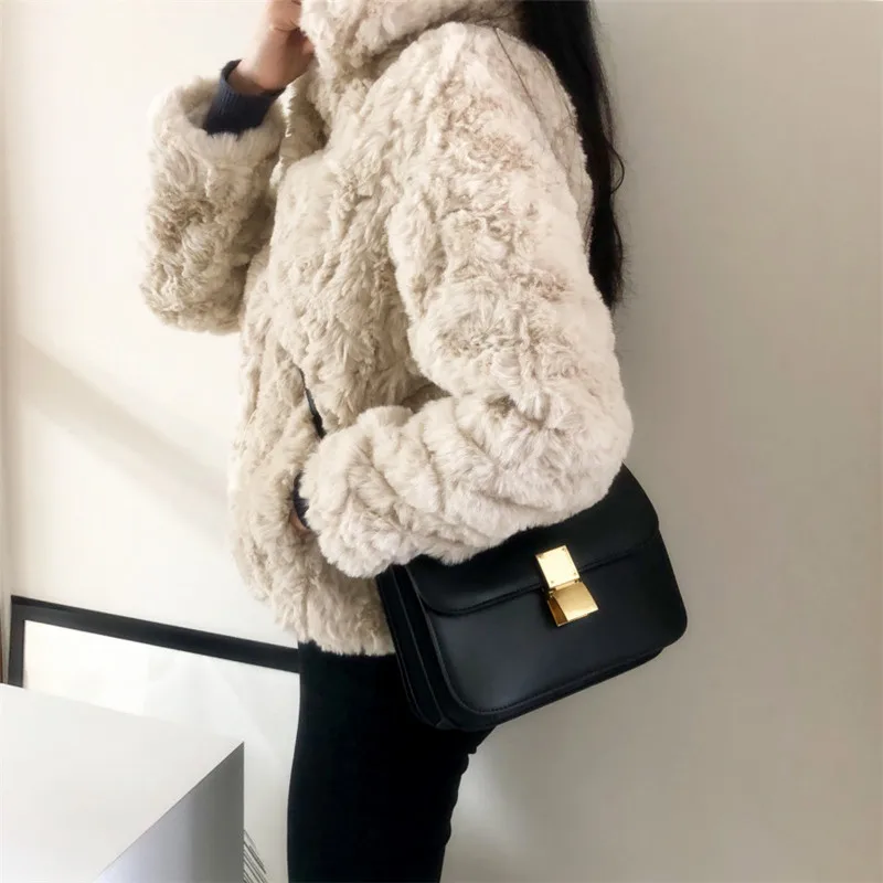 Berber Fleece Faux Fur Coat for Girls Long Sleeves Single Breast Side Pockets Turn Down Collar Winter Warm Coat