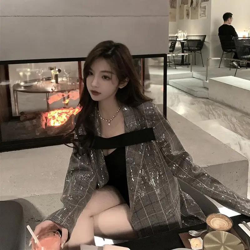 Korea Colorblock Patchwork Sequins Blazer For Women Notched Collar Long Sleeve Temperament Blazers Female Fashion Style bpn irregualr soild blazer for women v neck sleeveless tunic slimming spliced single button temperament blazers female fashion