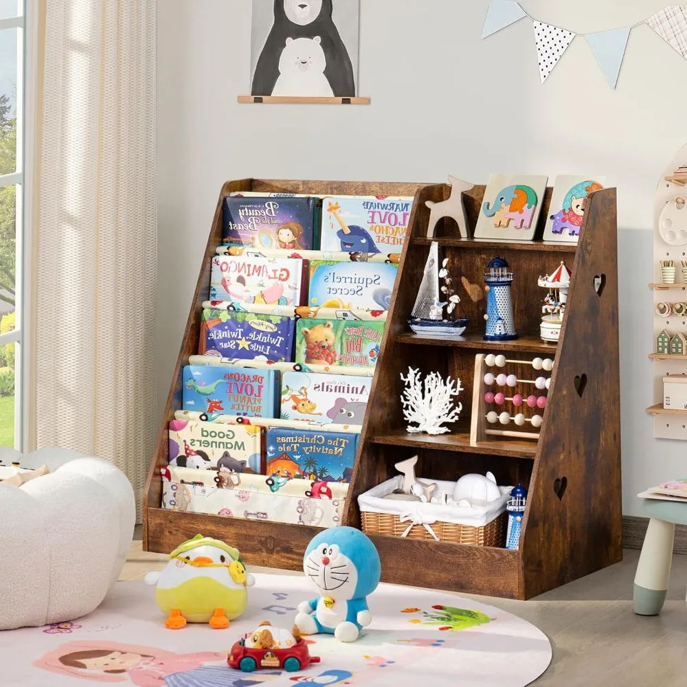4 Tier Kids Bookshelf and Storage Organizer, Five Layer Sling Children Bookcase, Baby Toddler Wooden Book Shelf