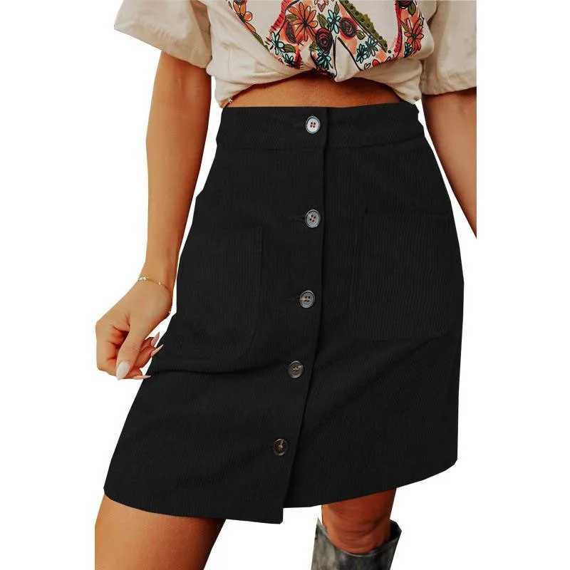 2023 New Autumn and Winter Fashion Versatile Corduroy High Waist Buckle Casual and Minimalist Trendy Panel Pocket Short Skirt