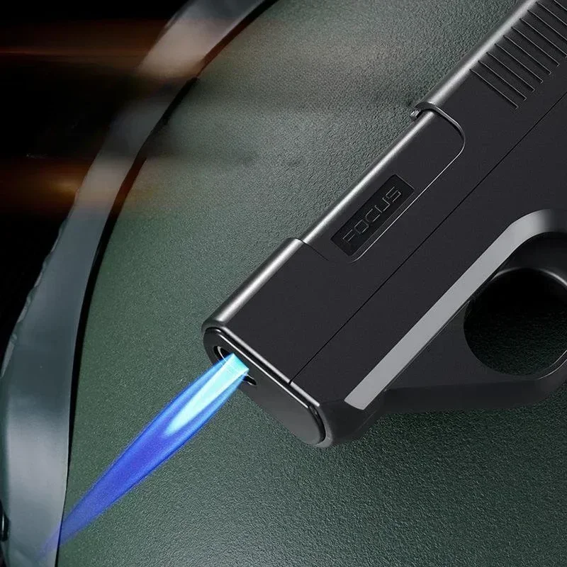BBQ Lighter Butane Gas Lighter Cigarette Lighter Creative Gun Type Butane Gas Lighter Three Capacity Cigarette Holder Windproof Jet Blue Flame Lighters Gifts for Men (NO GAS)
