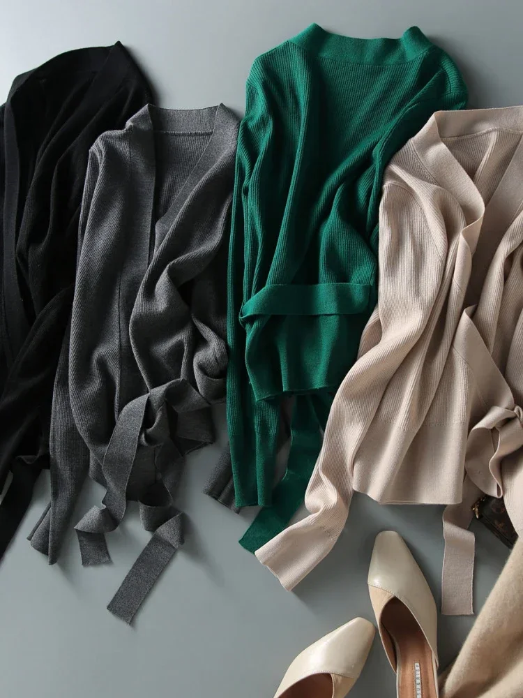 Cardigans Women Elegant Office Lady Mature Temperament Solid Simple New Spring Knitwear Chic V-neck Soft Casual Sweaters V1340 3