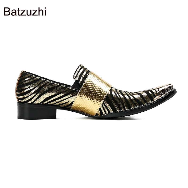 Batzuzhi Men's Shoes Pointed Iron Toe Handmade Men Dress Shoes Leather Blue/Gold Business, Party and Wedding Shoes for Men,38-47