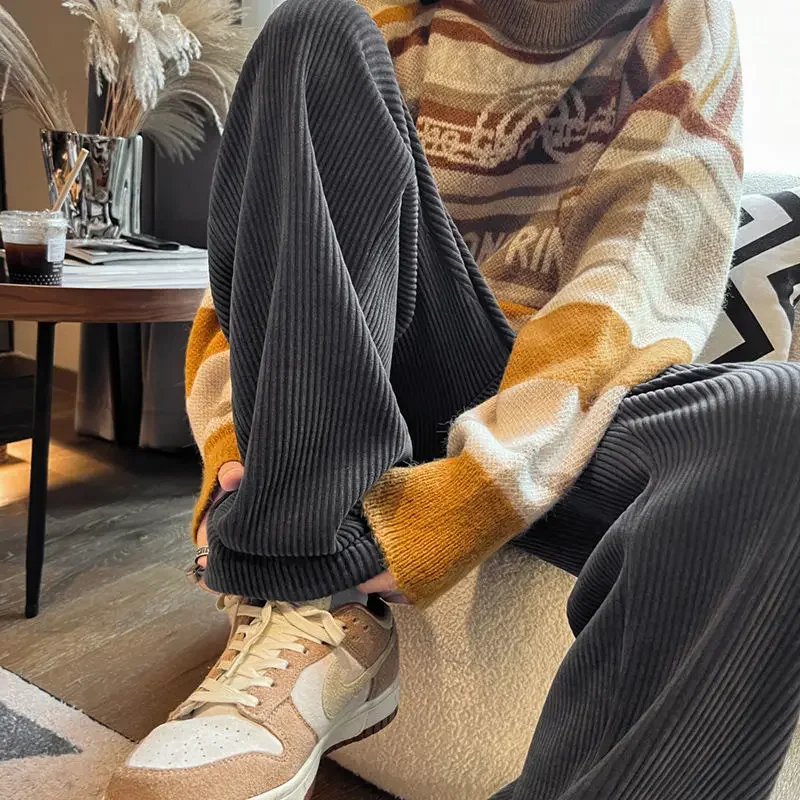 Autumn Corduroy Straight Trousers Men Loose Solid Casual Drape Trousers Harajuku Fashion Drawstring Street Wide Leg Sweatpant