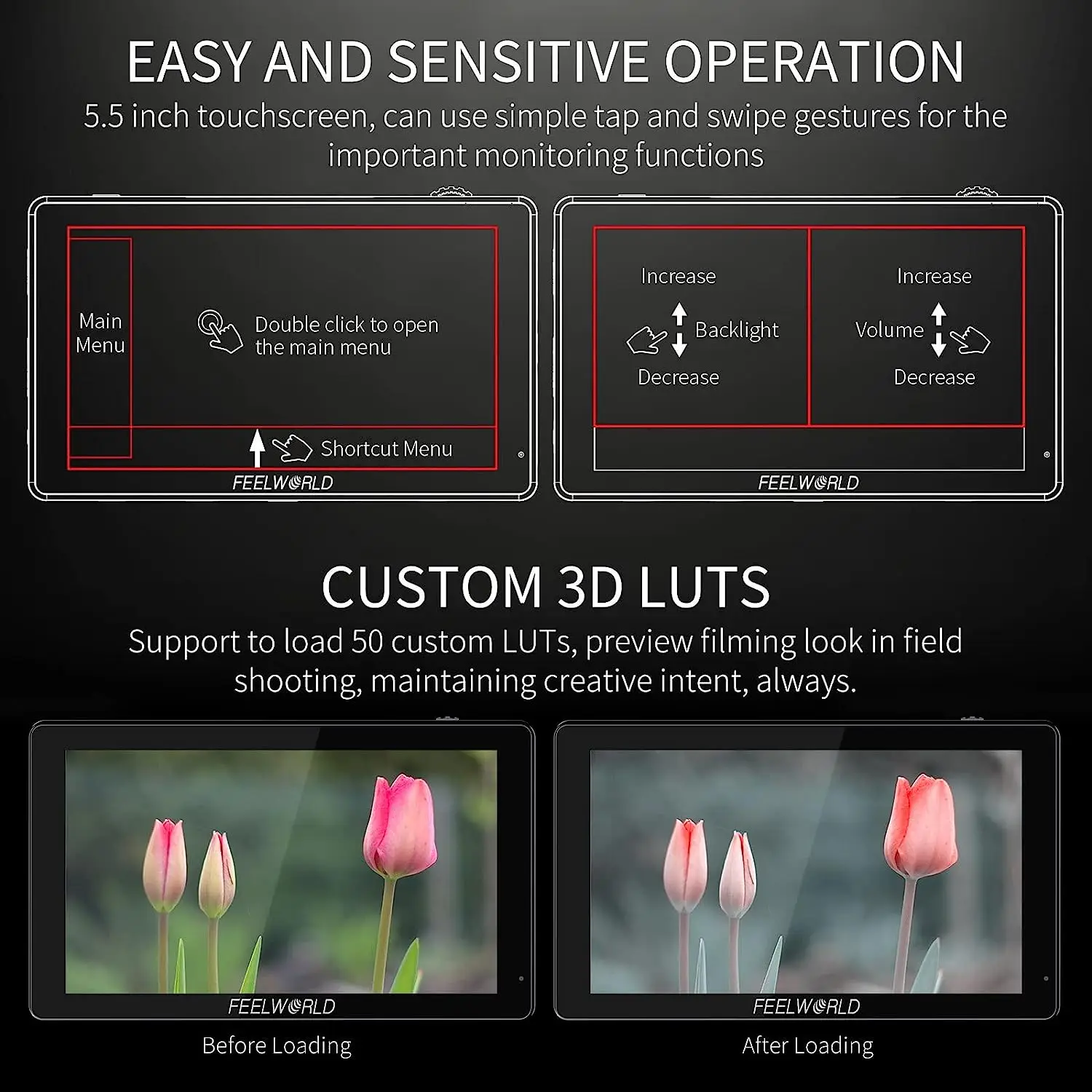 FEELWORLD LUT5 5.5 Inch 3000nit 4K Touch Screen Monitor 3D LUT HDR 1920X1080 Camera Field Monitor with F970 External Power
