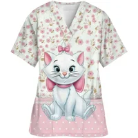 2024 Summer Disney Pet Mary Cat Pink Printed Matte Top Pet Shop Medical Uniform Nurse V-neck Shirt Women's Nurse Top 1