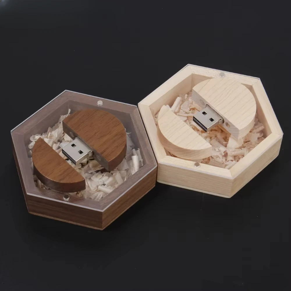 USB Flash Drives Wedding Photography Wooden Memory Stick Free Engraving Creative Hexagon Box Multi Style Pen Drive