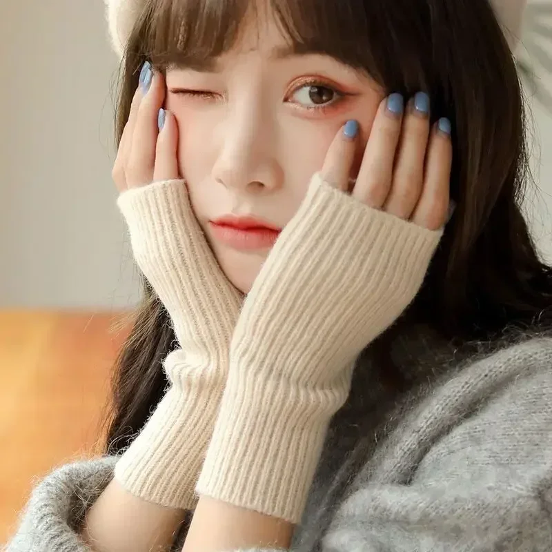 여성용 솔리드 하프 핑거 장갑, 부드럽고 따뜻한 울 뜨게 팔 장갑, 글쓰기 따뜻한 벙어리 장갑, 겨울