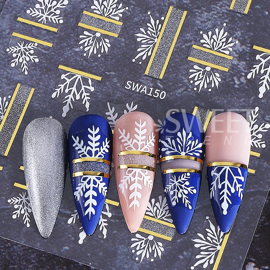 2pcs Flash Silver Christmas Nail Art Stickers Xmas Tree Lamp Ball Lace Snowflake Adhesive Nail Decals DIY Manicure Decoration