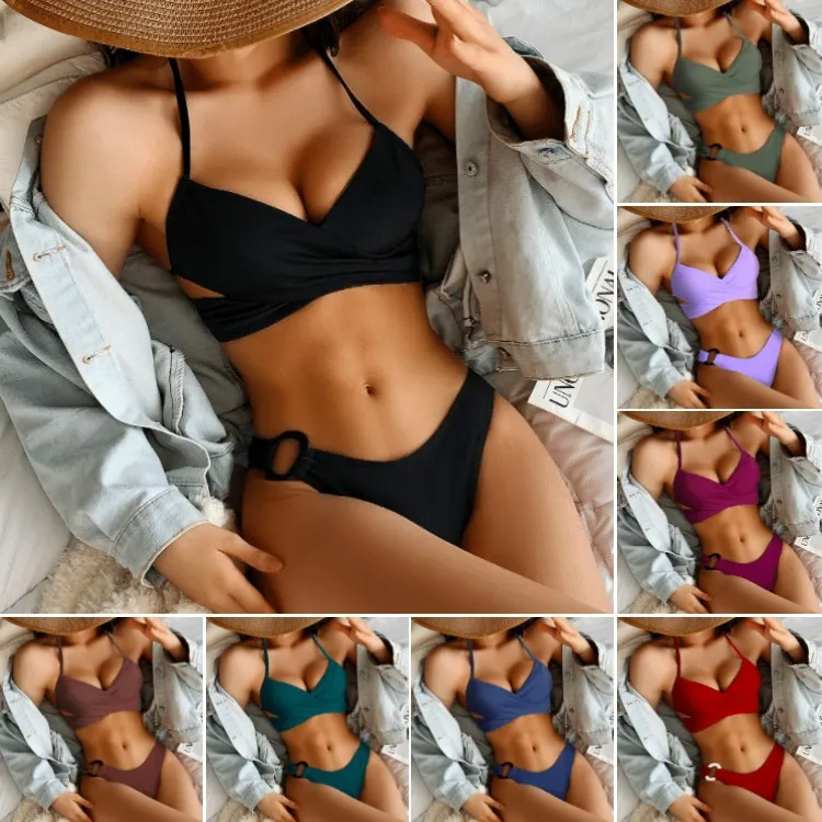 

Women High Waist Swimsuit 2022 Ribbed Push Up Bikini Set Sexy V-neck Bandage Swimwear Solid Bathing Suit Women Black Bikini Set