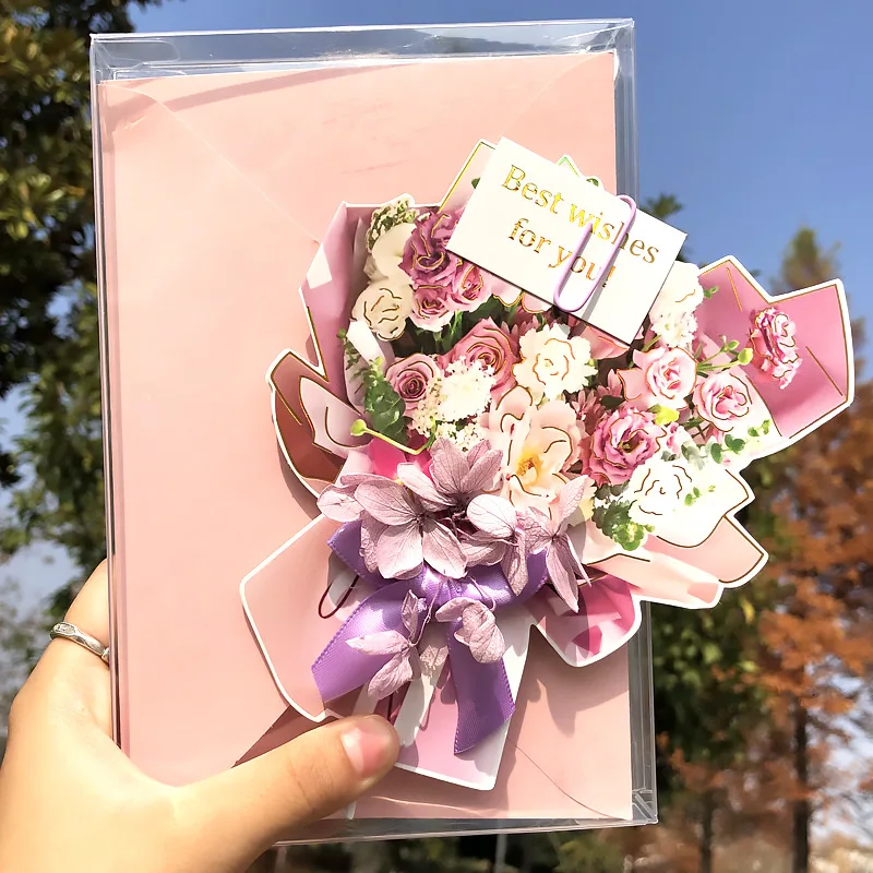 Flower Bouquet Shape Rose Blossom 3D Greeting Card For Thanksgiving Mother's Day Birthday Valentine's Day 1Pc