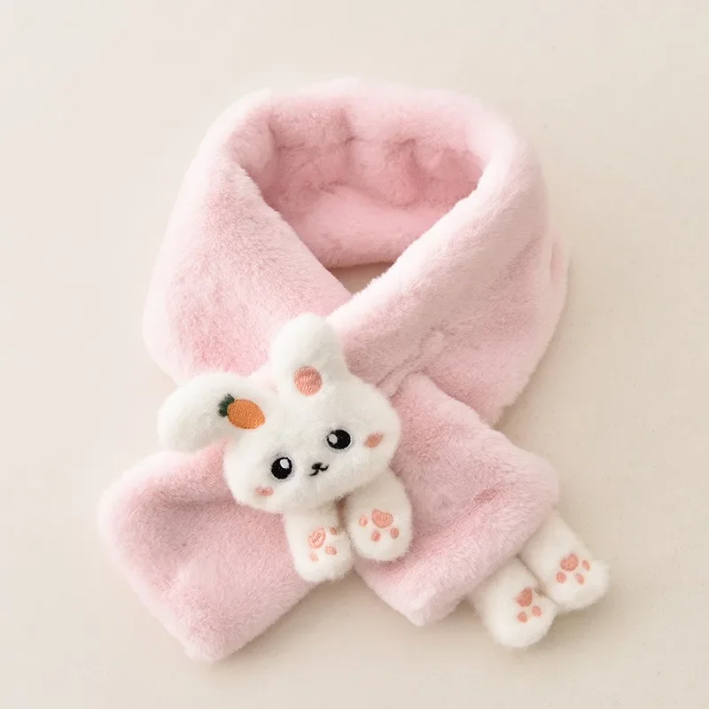 Baby Scarf Boys Girls Winter Scarfs Thick Plush Cross Children's Scarf Baby Bib Cute Cartoon Rabbit Faux Fur Neck Protection