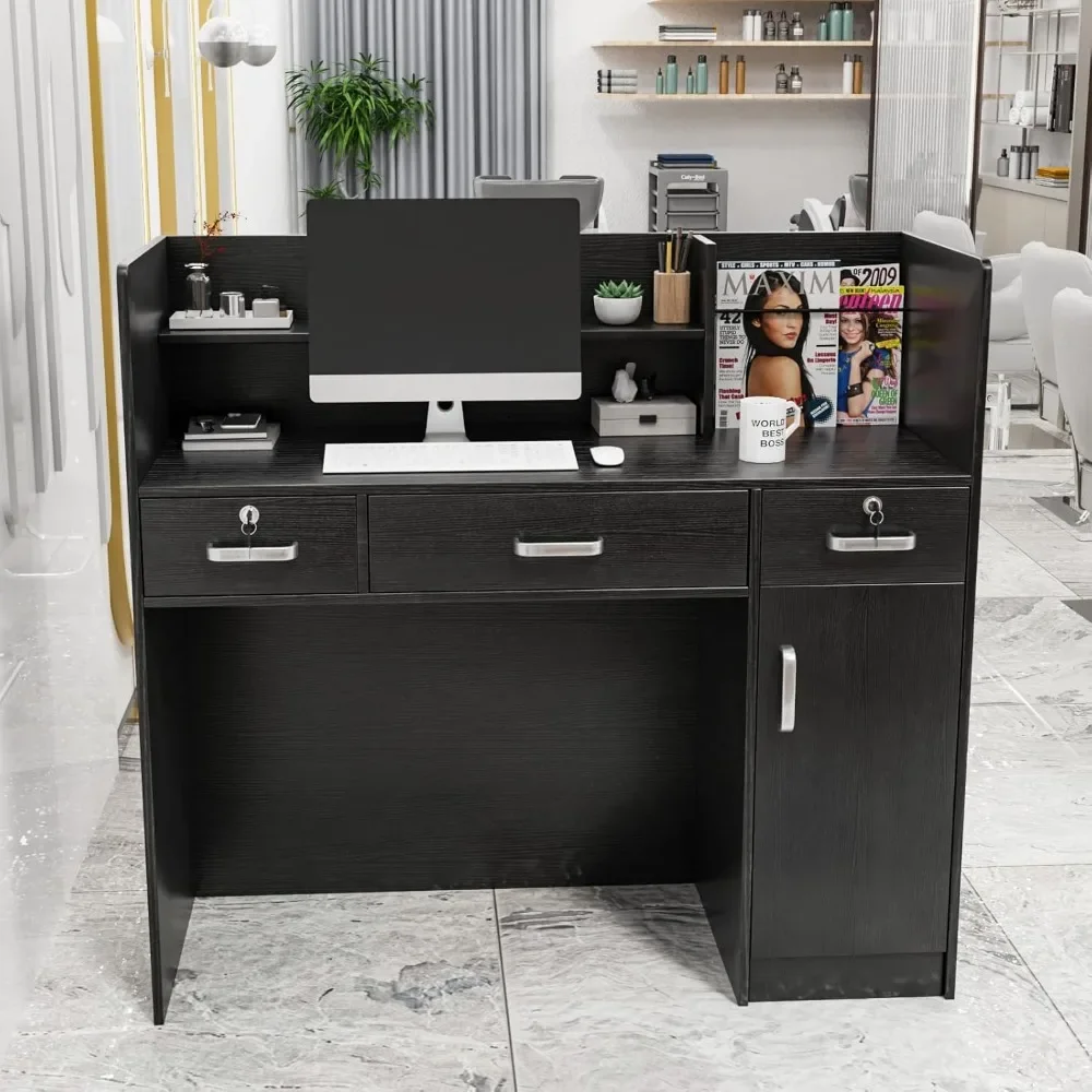 Modern Reception Desk with Counter and Storage Shelves Reception Room Desk (Black)  18.9"D x 43.7"W x 47.2"H 6
