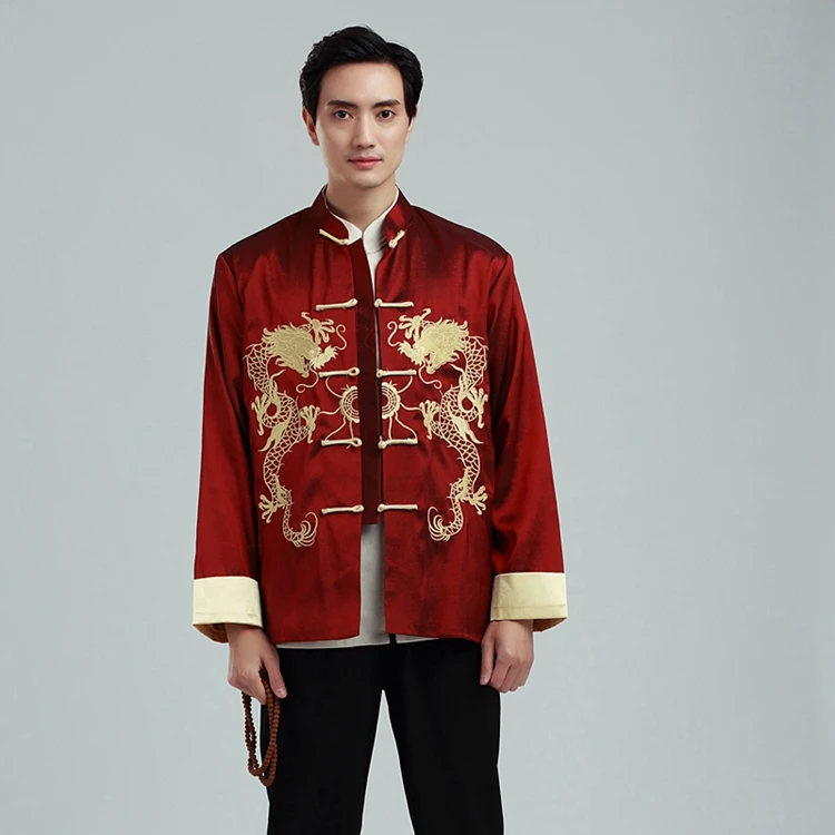 Traditional Chinese Style Embroidery Dragon Hanfu Blouse Tang Suit Men Kung Fu T Shirts Tops Jackets Cheongsam New Year Coats
