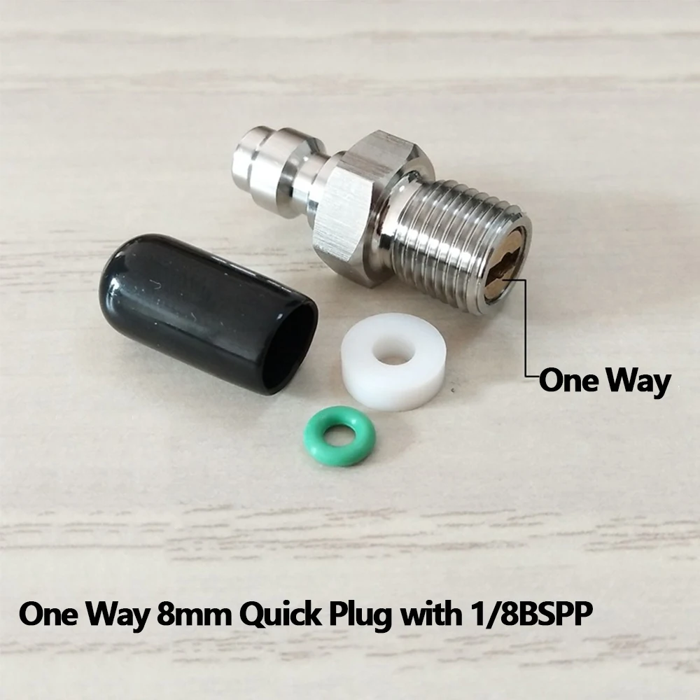 One Way CO2 Air Filling Fittings Nipple Adapter Male 8mm Quick Disconnect with 1/8BSPP 1/8NPT M10*1 Threads or Straight Plug