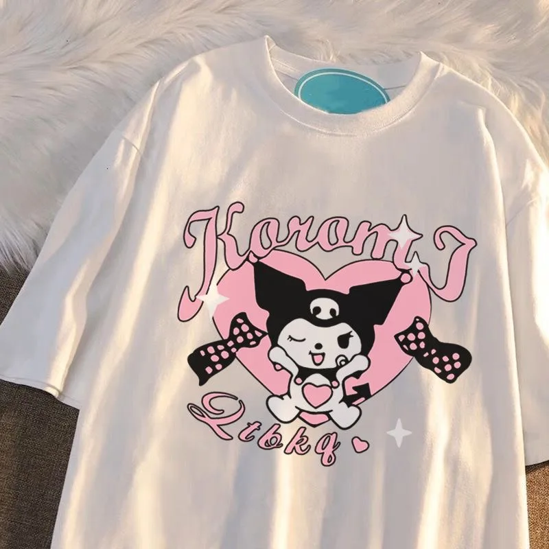 

Anime T-shirt Cartoon Kuromi Kawaii Sweetheart Print Oversized Short-sleeved Cotton Summer New Loose Casual Fashion Couple Tops