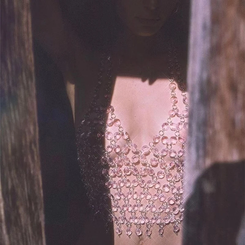 

y2k Fashion Crystal Sexy Women Camisole Transparent Shiny Sequin Sleeveless V Neck Spaghetti Strap Backless Hollow Out Crop Top
