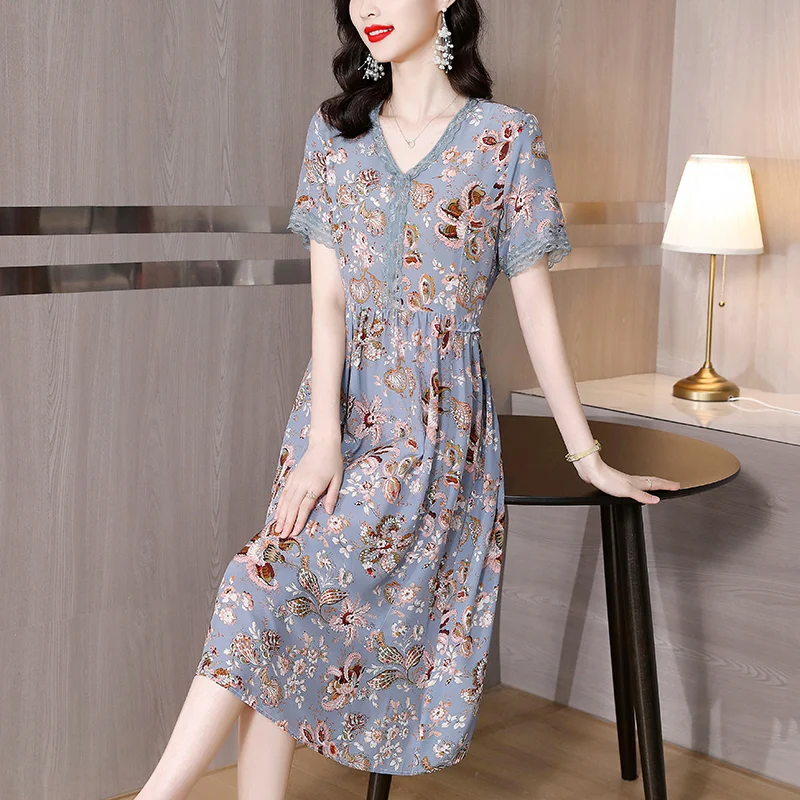 

Spring Fashion Silk Print Dress 2023 New Elegant Fragmented V-Neck Loose Fit Casual Holiday Party Dress Vestidos