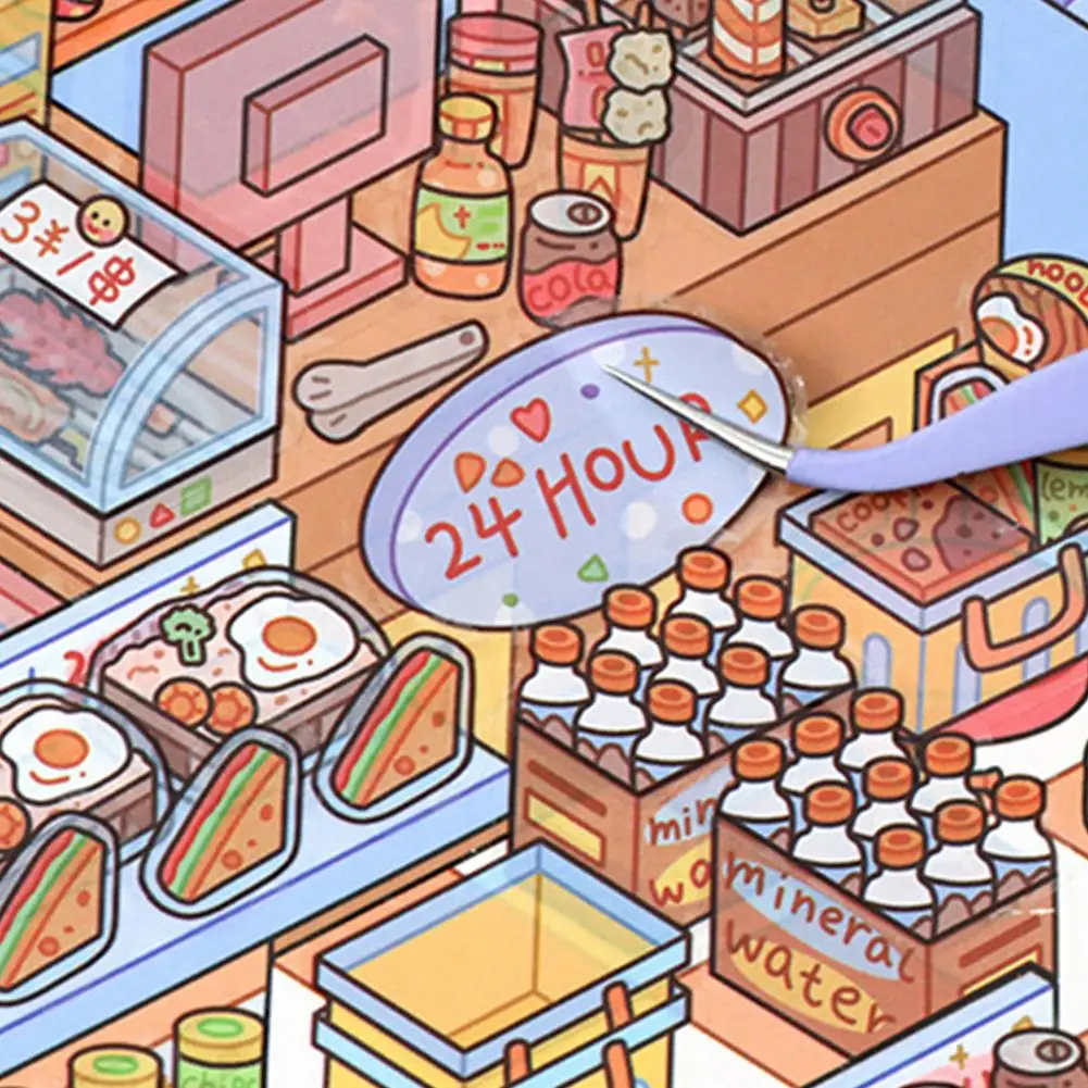 3D 미니어처 슈퍼마켓 재입고 스티커북 DIY 조용한 책 간식 음료 보관 시뮬레이션 장면 스티커 어린이 장난감