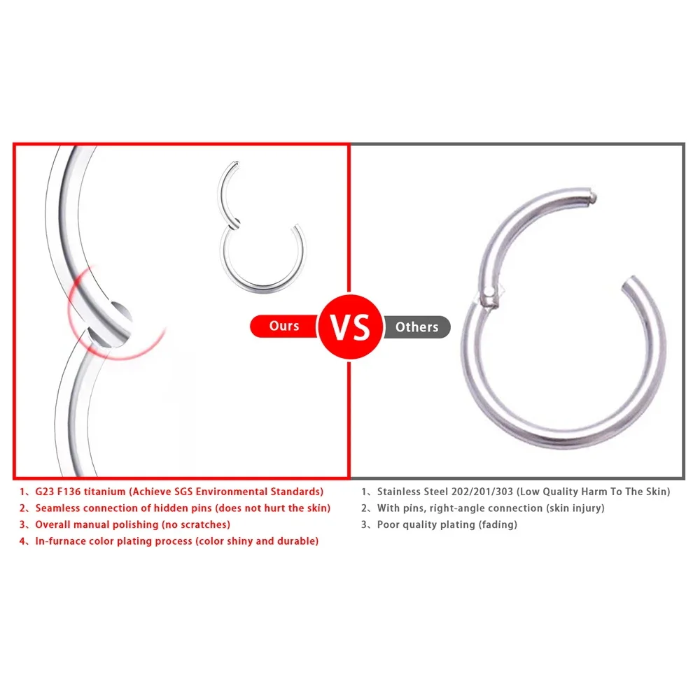 10Pcs Nose Rings G23 Titanium Nose Ring For Women And Men Piercing Jewelry Lip Ear Ring Hoop Mixed Color Body Clips Hinged 6
