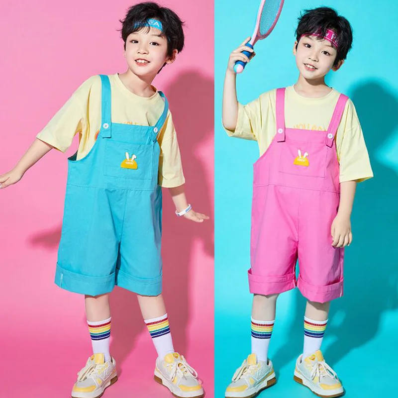 

Teenage Kpop Hip Hop Clothing T Shirt Bib Shorts Overalls for Girl Boy Jazz Dance Costume Kindgarten Kids Performance Clothes