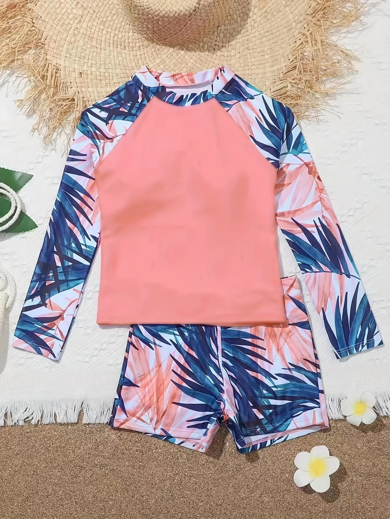 Girls Swimwear Girls One Piece Swimsuit Girl Swimsuit New Pink Print Long Sleeve Children Swimwear Summer Kids Beach Wear Shorts Swimming Bathing Suit For Girls